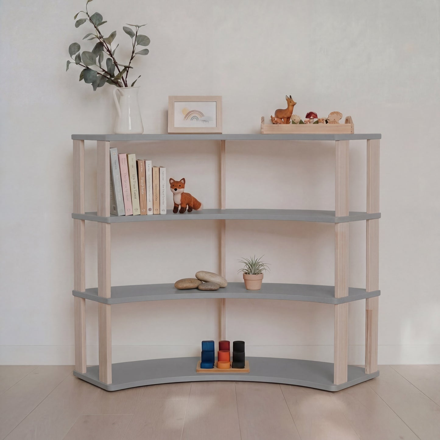 Modular Montessori Shelf Arch - 4 Shelves - Light grey/clear oil