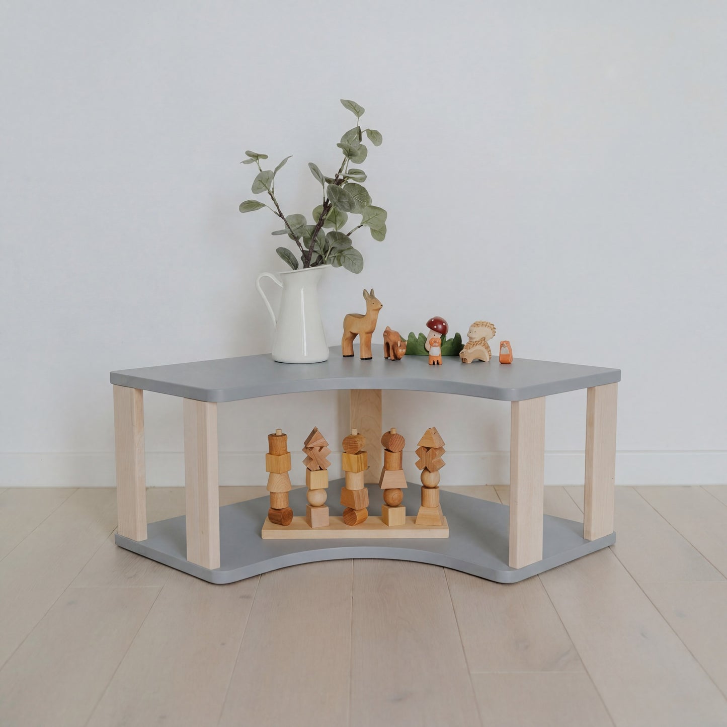 Modular Montessori Shelf Corner - 2 Shelves - Light grey/clear oil