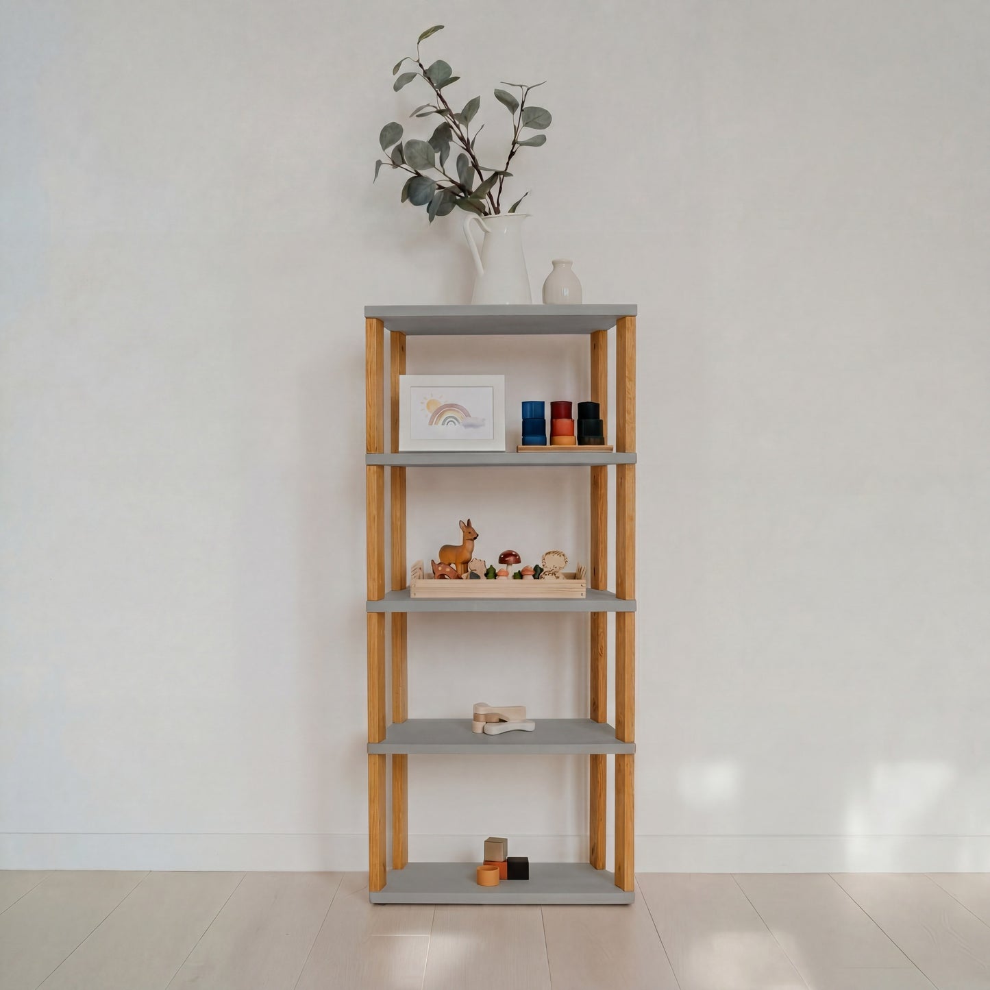 Modular Montessori Shelf Straight Mini - 5 Shelves - Light grey/brownish oil
