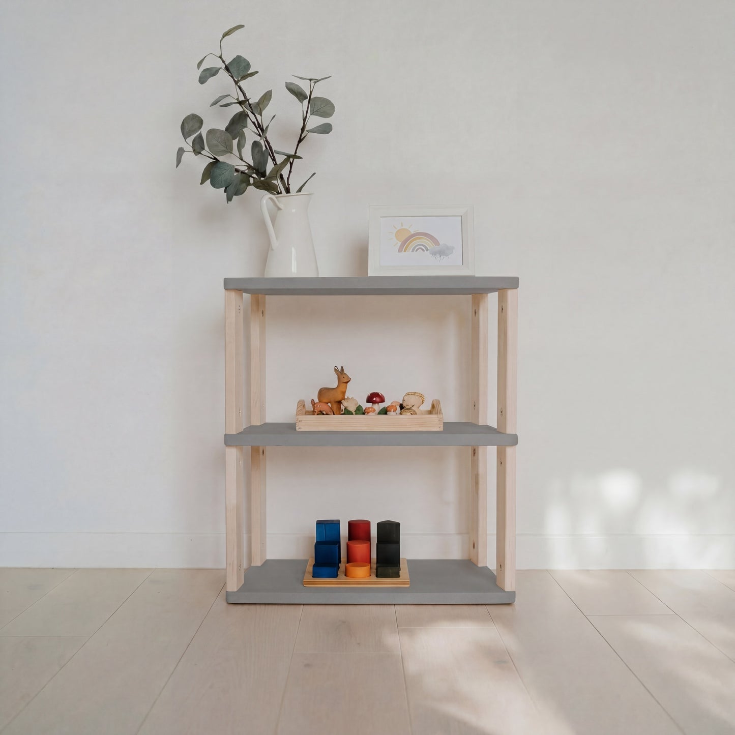 Modular Montessori Shelf Straight Mini - 3 Shelves - Light grey/clear oil