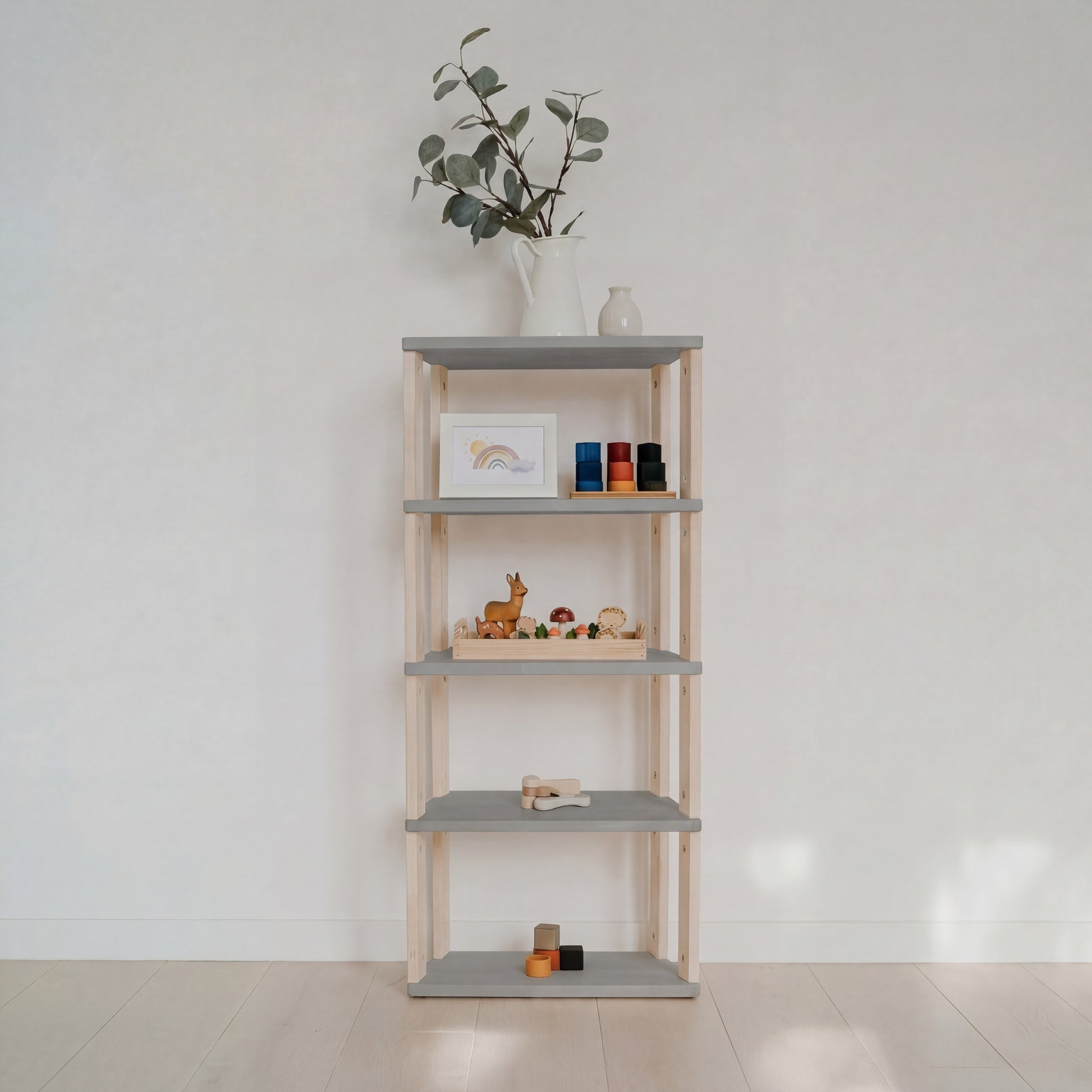 Modular Montessori Shelf Straight Mini - 5 Shelves - Light grey/clear oil