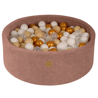 Round Ball Pit With 200 Gold/Beige/White/Transparent Balls, 90x30cm - Beige Velvet